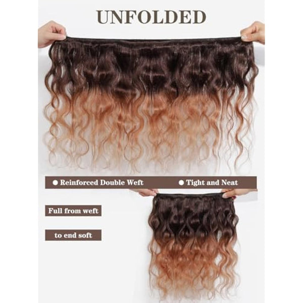 2 Tone Ombre Brazilian Body Wave Hair 3 Bundles Brazilian Remy Virgin Human Hair Weave Bundles 100% Unprocessed Body Wave Human Hair Extensions T4/30 Medium Brown/Medium Auburn(14 16 18)