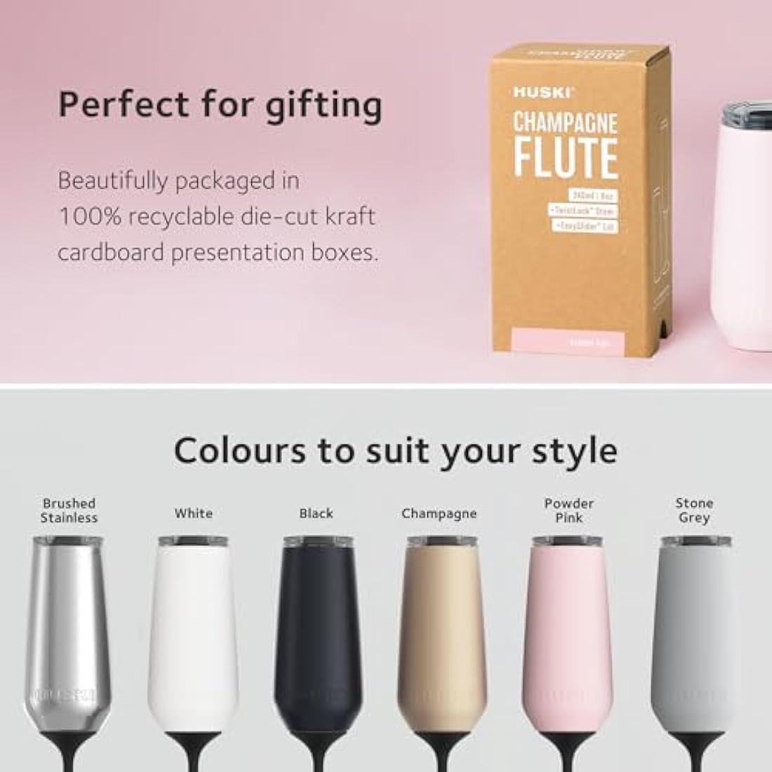 Huski Champagne Flute | New | Award-Winning Design with Detachable Stem | Premium Stainless Steel Champagne Glass with Lid | Triple Insulated Tumbler | 240ml Capacity | Great Gift (Powder Pink)