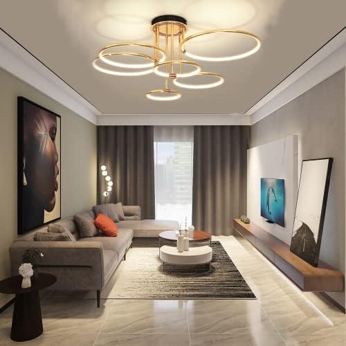 EIDEARAY LED Ceiling Light，Modern Nest Design Ceiling Lamp Dimmable with Remote Control Lamp Golden Ring Ceiling Lighting Apply Living Room Kitchen Hallway Balcony Dining Room (Six Rings)