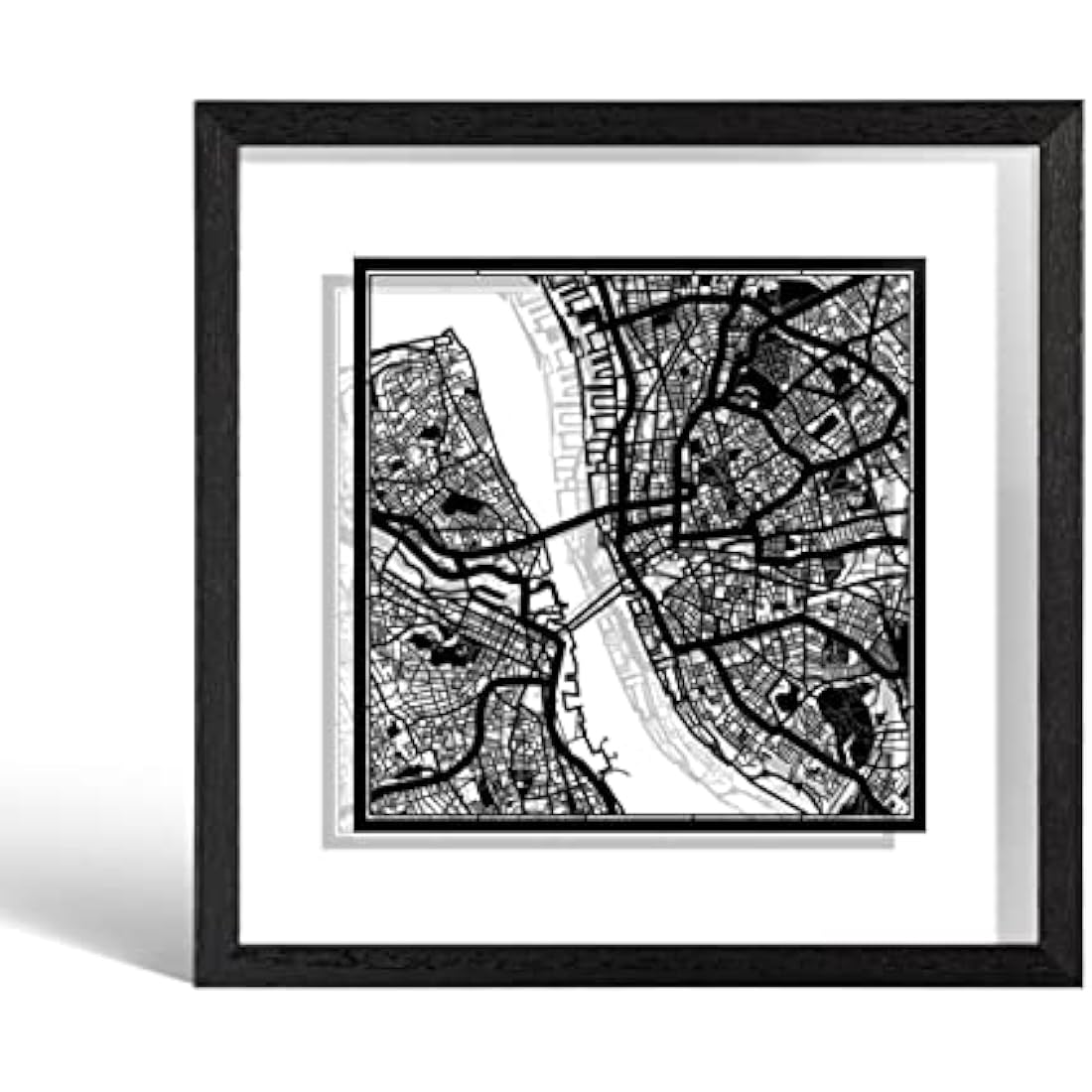 O3 DESIGN STUDIO Liverpool Paper Cut Map framed, Black map, Black frame, 23x23 cm, Gift Boxed, 2 background color, self-changing, Paper Art