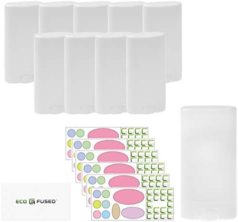 Deodorant Containers 10-Pack - White - 0.5 Oz (15 ml) - 60 Writable Stickers - Twist Mechanism - Refillable Cosmetic Containers for DIY Homemade Deodorant, Lip Balm, Soap, Lotion Sticks etc.