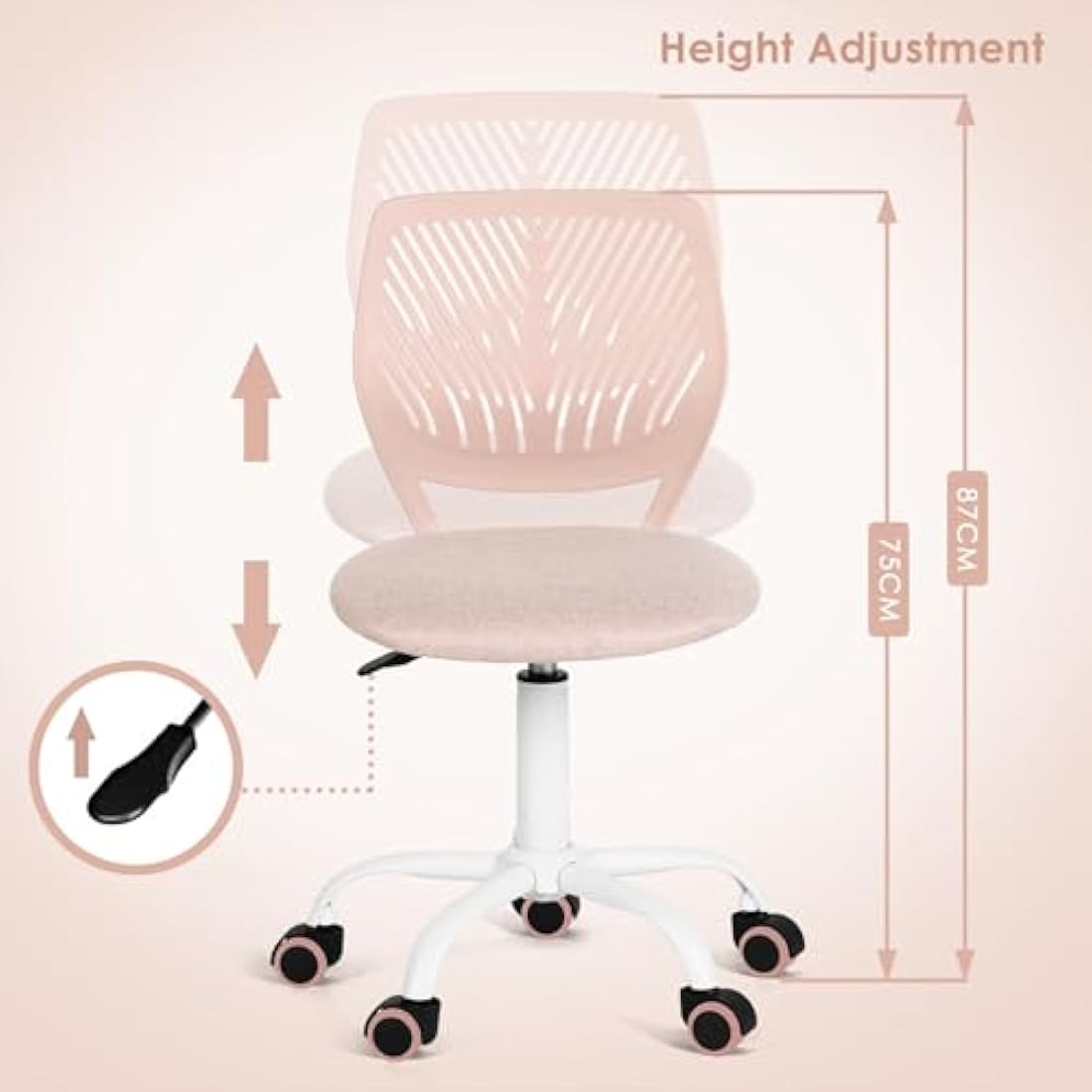 Homy Casa Desk Chair Linen Fabric Seat Ergonomic Swivel Task Chair without Armrest Adjustable Height Office Chair Home Office for Kids Teens, Morandi Pink
