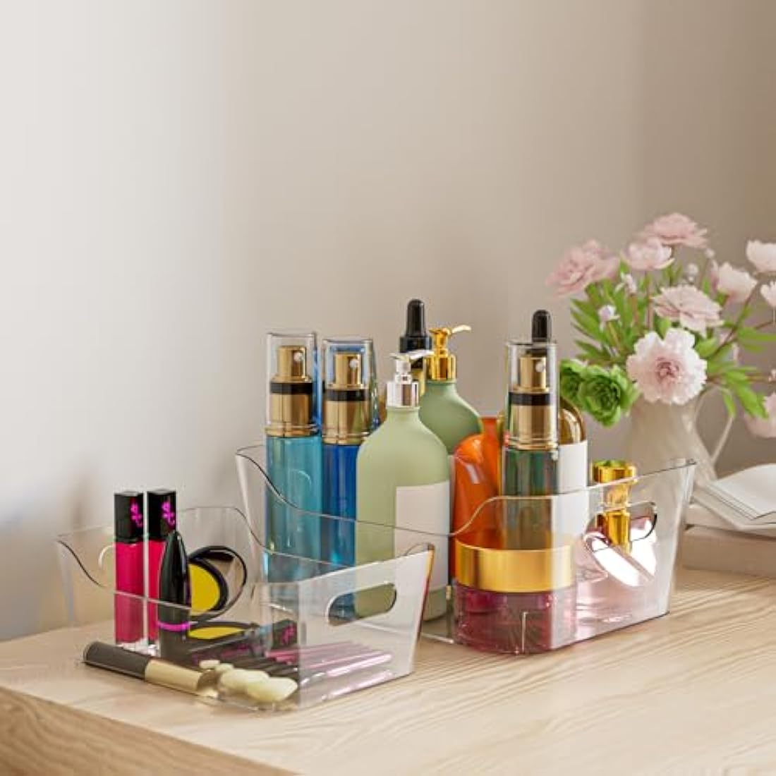 12PCS Clear Storage Box Organisers Plastic Bathroom Organiser Versatile Kitchen Organiser Tray for Desk, Makeup , Kitchen Pantry Organizers and Storage