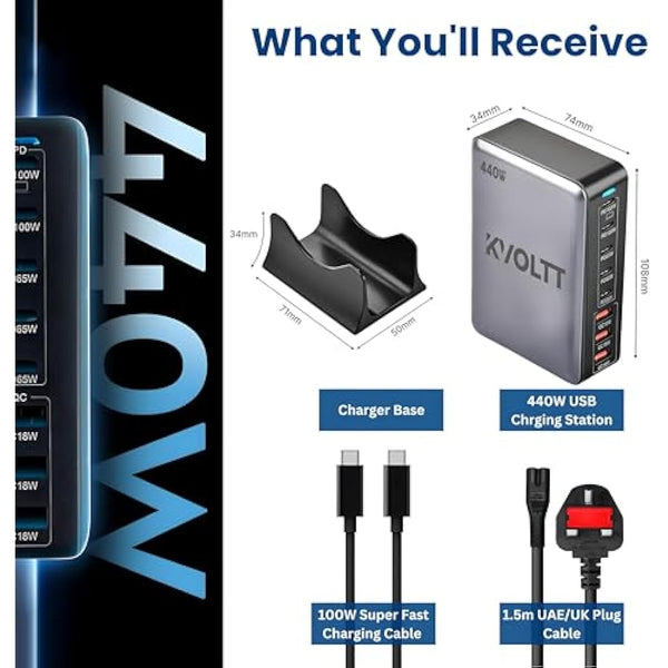 440W USB charging station - Gan Charger with 5 USB C & 3 USB A Ports, 100W 65W USB charging hub with USB C multi charger,Compatible with MacBook Lenovo Laptop iPhone iPad - 100W USBC Cable Included