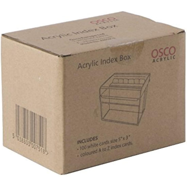 OSCO Clear Acrylic Index Box | Small | A to Z Divider Tabs | 100 Lined Note Sheets Included (5" X 3") | Ruled Revision Flash Cards | Recipe Notes | Contacts Filing | Fits 127 x 76 mm