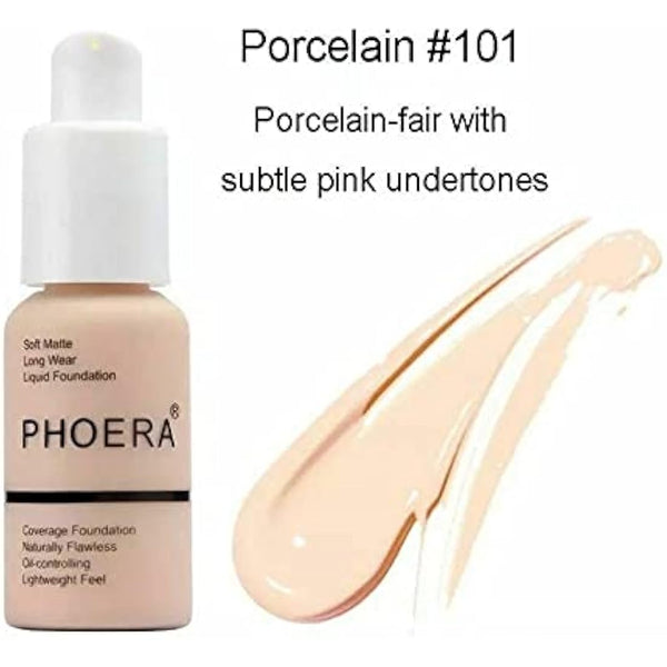 Aquapurity Phoera® Full Coverage Foundation Soft Matte Oil Control Concealer 30ml Flawless Cream Smooth Long Lasting 24HR UK (F101 PORCELAIN)