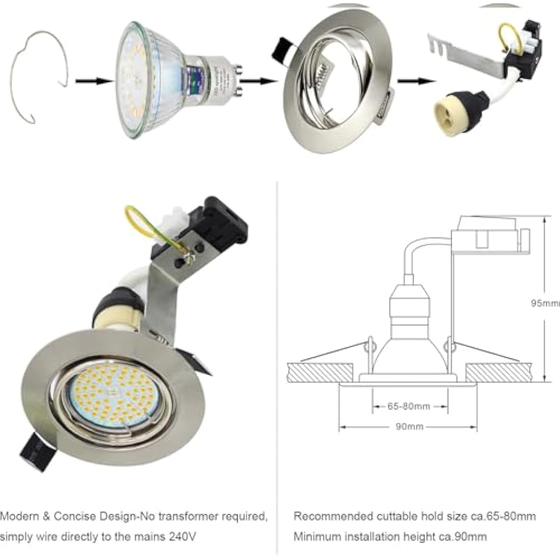 HiBay 6X Round GU10 Downlights Tilt LED Recessed Ceiling Lights Brushed Chrome Spotlights Fitting with 5W LED Bulbs Cool White 240V