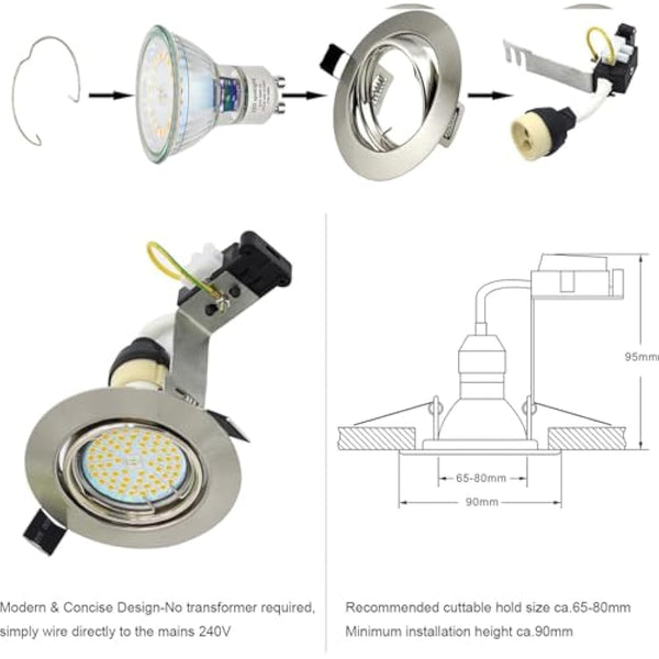 HiBay 6X 5W LED Recessed Ceiling Lights GU10 Downlights Brushed Chrome Kitchen Spotlights Fitting Tilt Round 240V Warm White Energy Saving Lamp