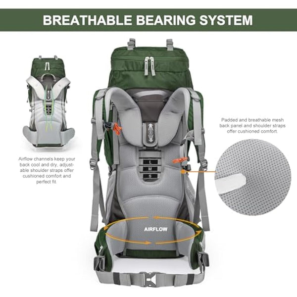 MOUNTAINTOP 70L Hiking Backpack water-resistant Internal Frame Backpacks Large Trekking Mountaineering Rucksack with Rain Cover for Men Women Cover Outdoor