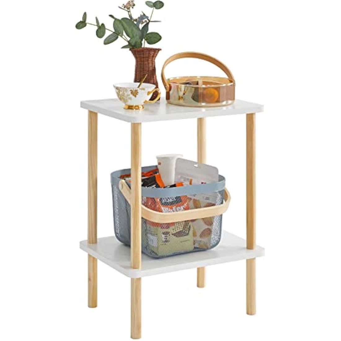 IBUYKE 2-Tier Side Table, Narrow End Table with Storage Shelf, Nightstand Bedside Table for Small Spaces, Bedroom, Living Room, Entryway, Farmhouse, No-Tool Assembly, White WST002W