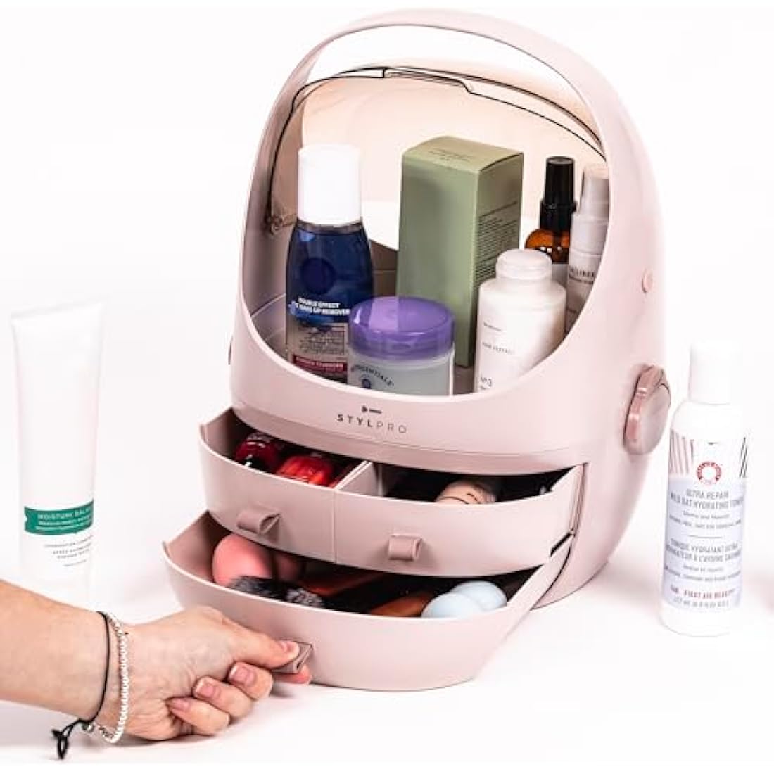 STYLPRO Beauty Storage Pod, Cosmetics & Skincare Organiser with 3 Drawers, Detachable Lid, Dustproof Cover & Travel Handle for Dresser, Bedroom, Bathroom & Home Organisation, White 31x27x40cm