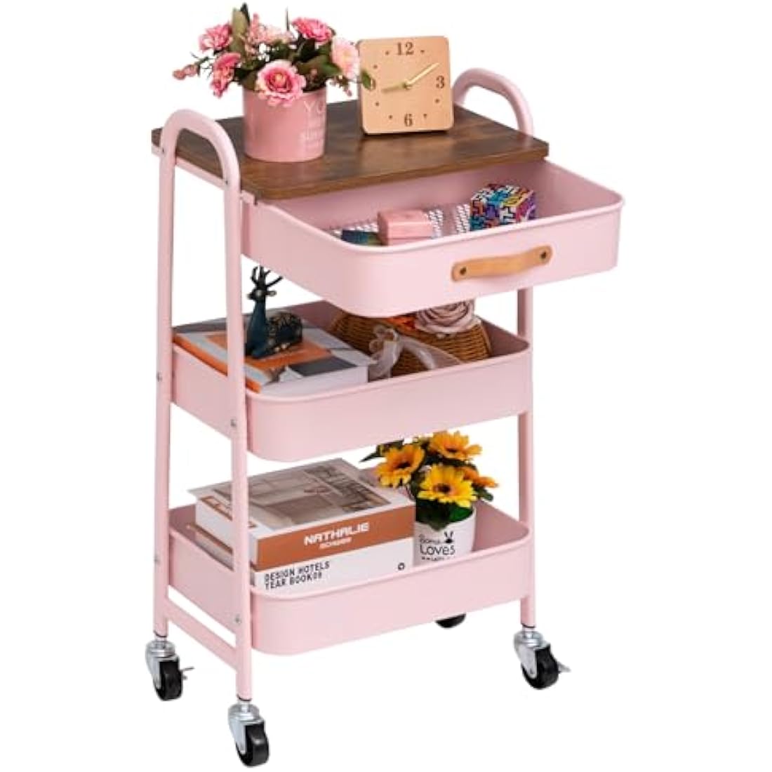 DOEWORKS Storage Trolley on Wheels 3-Tier Metal Trolley Cart with Drawer Rolling Kitchen Trolleys Beauty Trolleys with Leather Handle for Room Bathroom Office, Pink