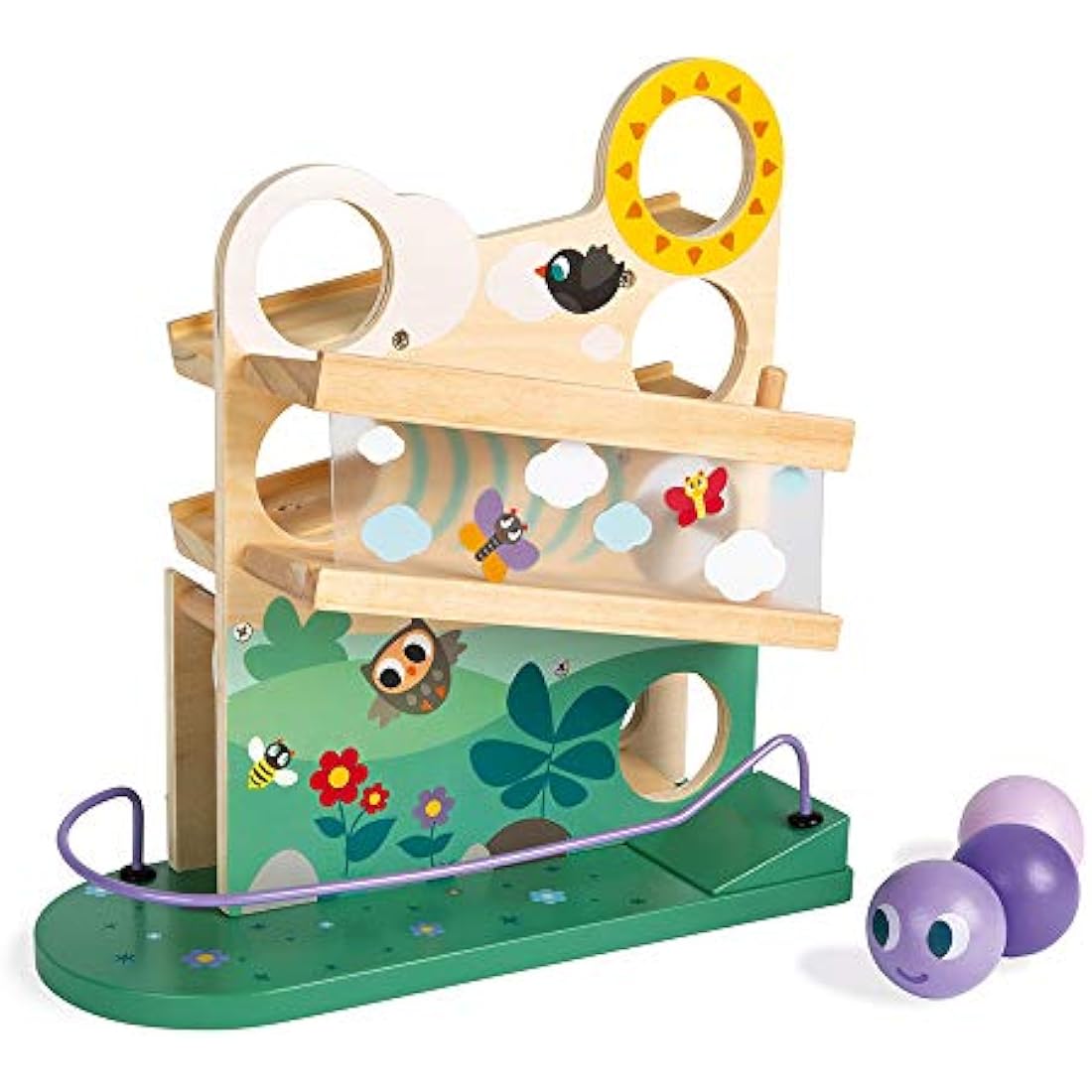 Janod - Wooden Caterpillar Ball Track - Toddler Manipulation and Dexterity Toy - For children from the Age of 1, 08055, Multicolored