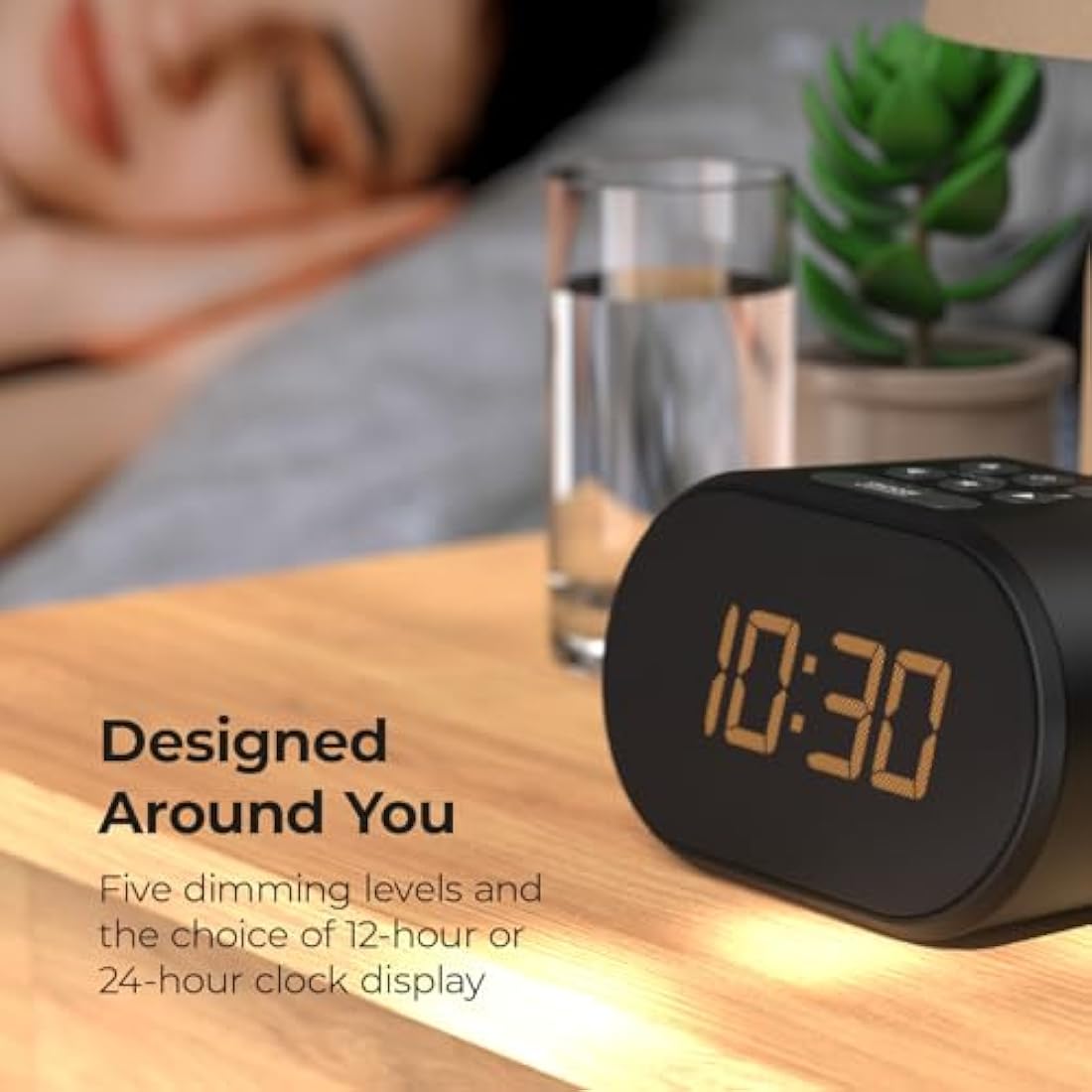 i-box Alarm Clocks Bedside, Radio Alarm Clock, Mains Powered or Battery, FM Radio, USB Charging Port, 5 Step Dimmable Display, Non Ticking, LED Display (Black)