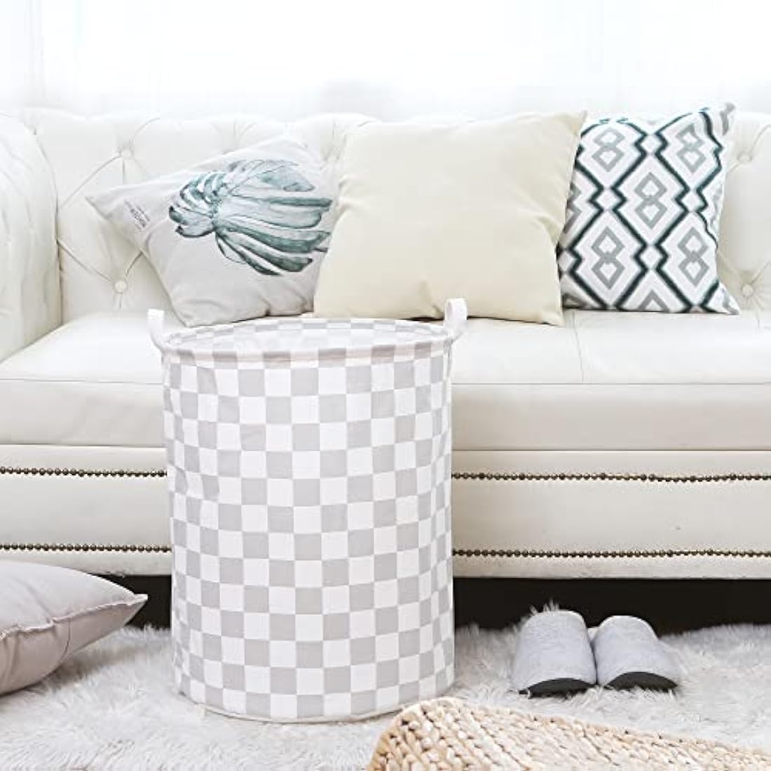 Sea Team 19.7 Inch Large Sized Waterproof Coating Ramie Cotton Fabric Folding Laundry Hamper Bucket Cylindric Burlap Canvas Storage Basket with Stylish Grid Grey Design