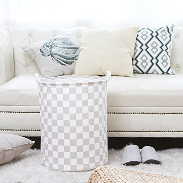 Sea Team 19.7 Inch Large Sized Waterproof Coating Ramie Cotton Fabric Folding Laundry Hamper Bucket Cylindric Burlap Canvas Storage Basket with Stylish Grid Grey Design