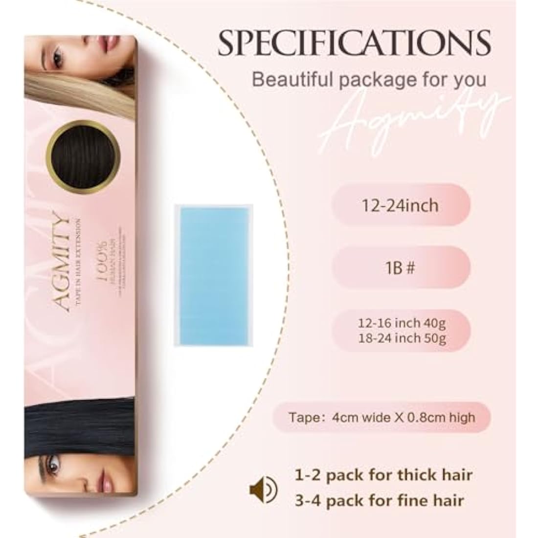 AGMITY Tape in Hair Extensions Human Hair Natural Black 16 inches 20pcs 40Gram Invisible Straight Seamless Skin Weft Remy Tape in Hair Extensions(16 inches #1B Off Black)