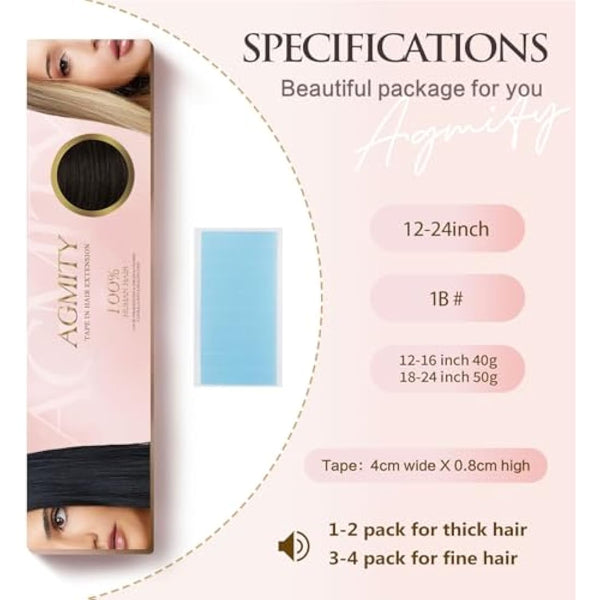 AGMITY Tape in Hair Extensions Human Hair Natural Black 16 inches 20pcs 40Gram Invisible Straight Seamless Skin Weft Remy Tape in Hair Extensions(16 inches #1B Off Black)