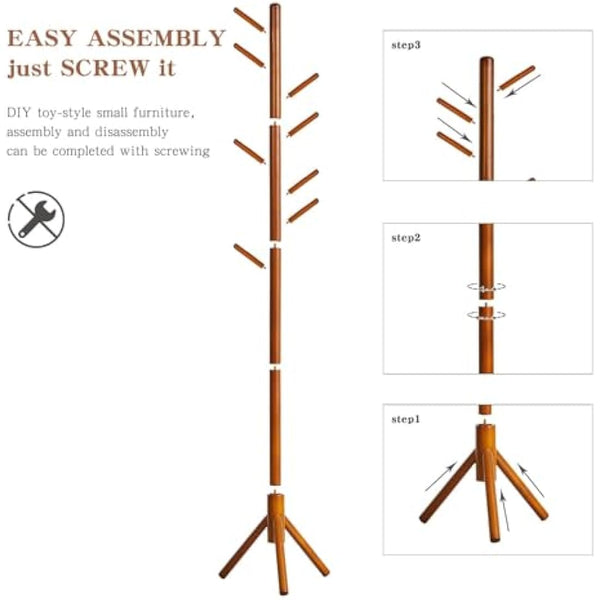 Aibiju Coat Rack Free Standing, Coat Tree With 8 Hooks and 3 Height Options, Wood Coat Hanger Stand, Suit for Adults,Kids, Home/Entryway/Hallway (Brown),YD-1006