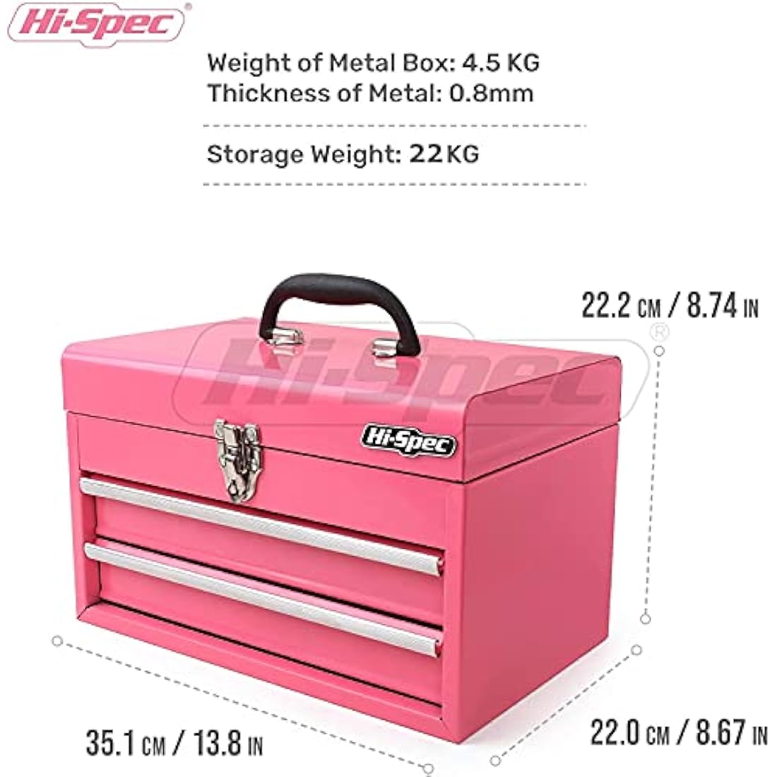Hi-Spec Pink Steel Metal Chest & Drawers Tool Box Carry Case: Ladies Styled High-Gloss Finish Portable Storage for Everyday Use