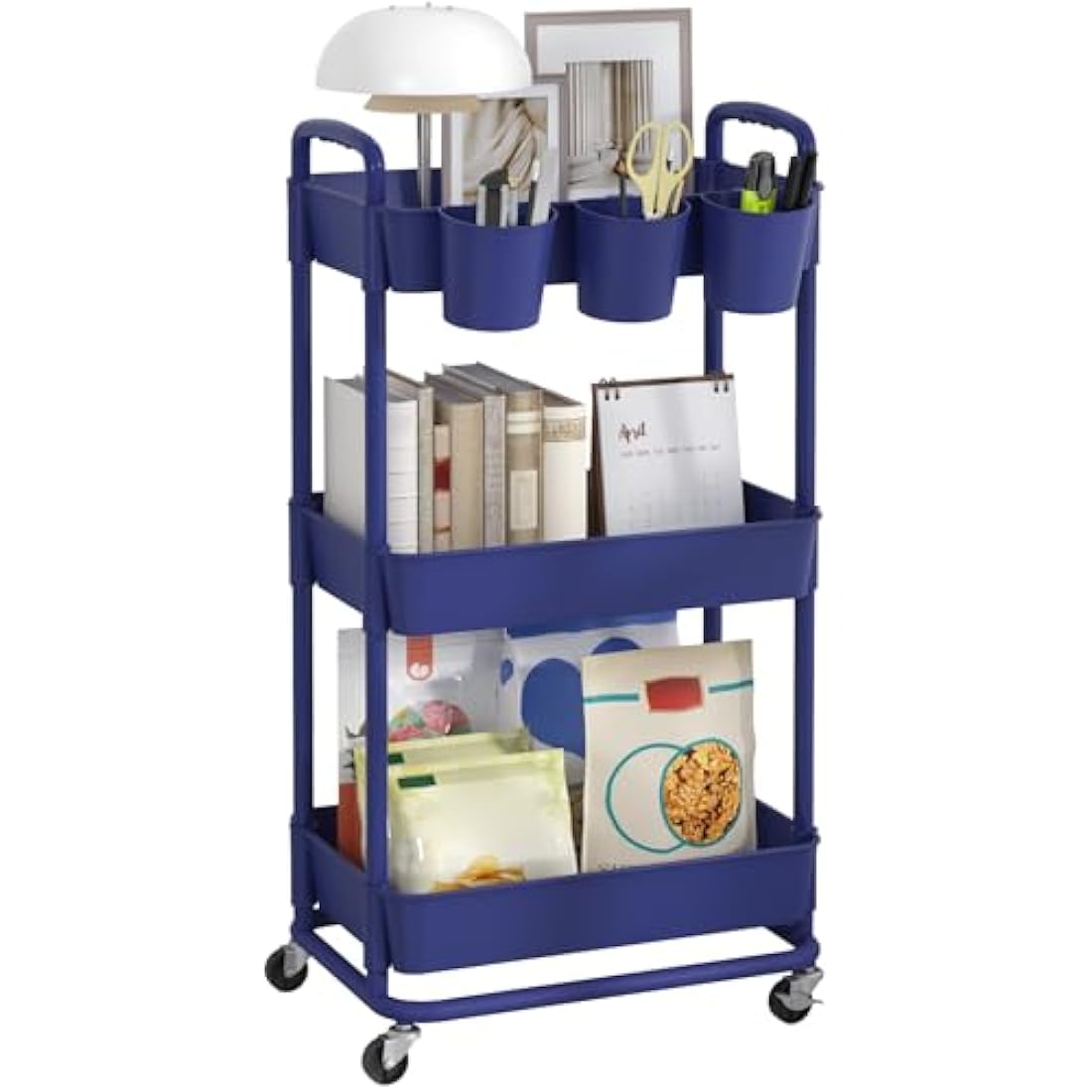 JIUYOTREE 3-Tier Plastic Rolling Storage Cart Utility Cart with Extra Hanging Cups Handles Lockable Wheels for Living Room Bathroom Kitchen Office Blue