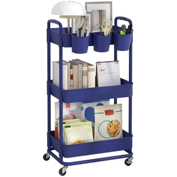 JIUYOTREE 3-Tier Plastic Rolling Storage Cart Utility Cart with Extra Hanging Cups Handles Lockable Wheels for Living Room Bathroom Kitchen Office Blue