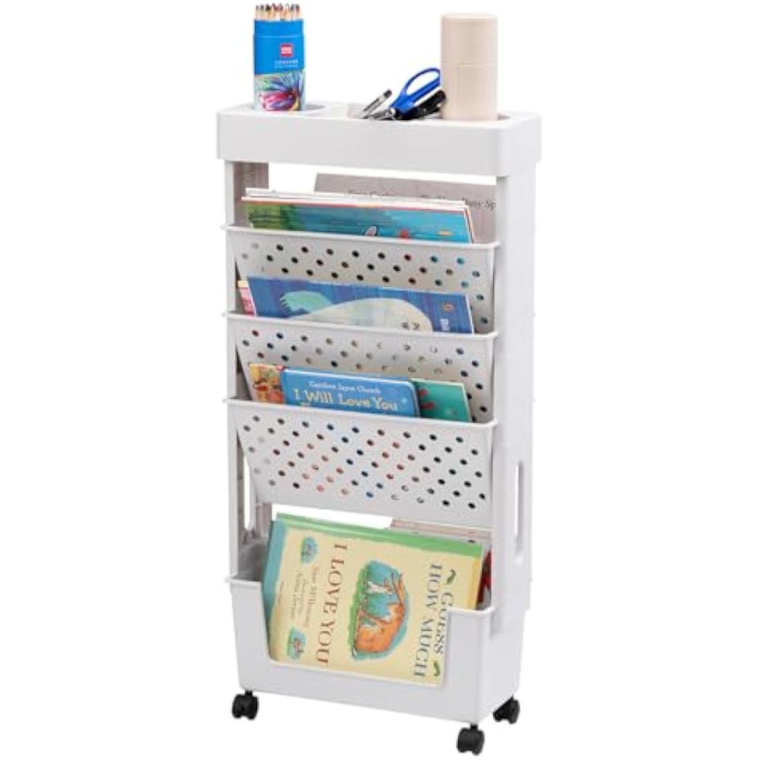 DOEWORKS Mobile Bookshelf with Wheels Bookshelf Trolley Small, Book Storage Trolley Cart 5-Tier Rolling Bookcase, Movable Bookshelf trolley Slim Bookcase for Living Room Bedroom Office Library, White