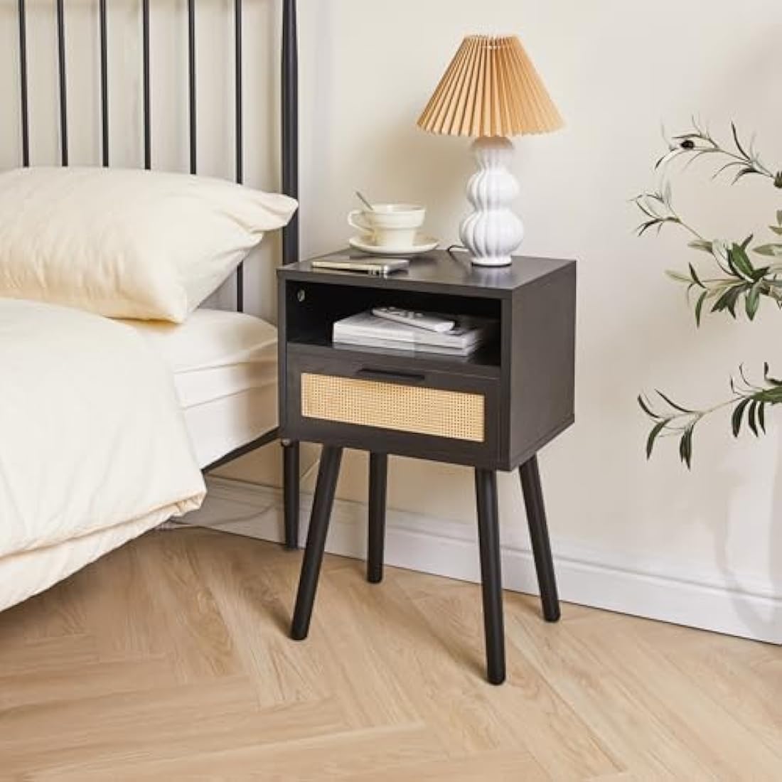 IBUYKE Rattan Nightstand, Boho Side Table with Drawer Open Shelf, Wood Accent Bedside Table, End Table with Legs for Bedroom, Living Room and Small Spaces, Black WNS009B
