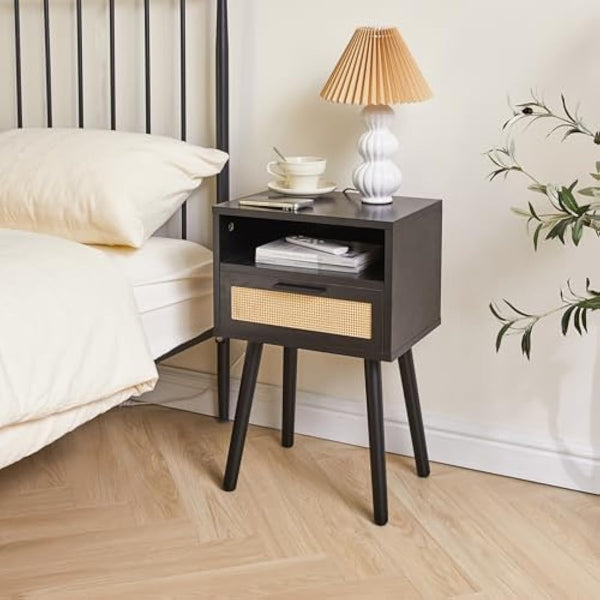 IBUYKE Rattan Nightstand, Boho Side Table with Drawer Open Shelf, Wood Accent Bedside Table, End Table with Legs for Bedroom, Living Room and Small Spaces, Black WNS009B