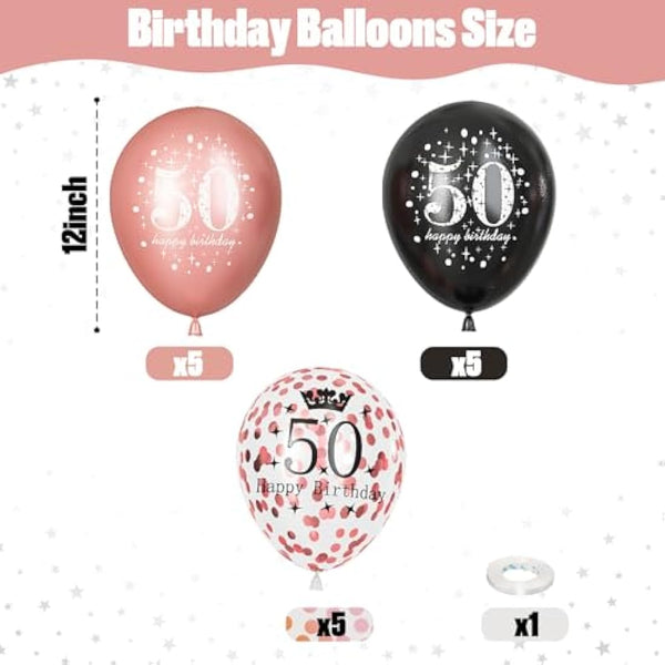 50th Birthday Decorations for Women, Pack of 15 Happy 50th Birthday Balloons Black Rose Gold Confetti Latex Helium Balloons for Her Age 50 Years Old 50th Birthday Party Decor Celebration Supplies