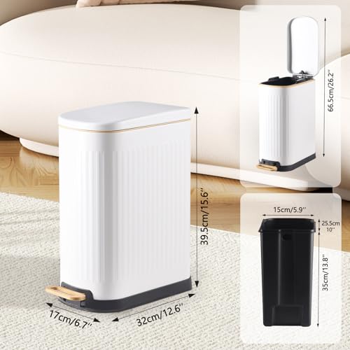 ELPHECO Slim Bathroom Trash Can Foot-Operated Stainless Steel Garbage Can with Soft Close Lid Step Trash Bin with Removable Inner Bucket for Bedroom, Office, Kitchen (White, 3.5 Gallons)