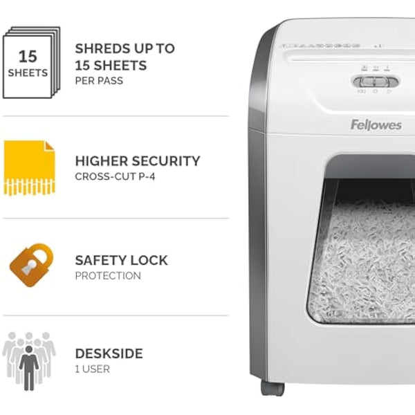 Fellowes Paper Shredder for Home Office Use - 15 Sheet Cross Cut Paper Shredder for Deskside Use - Powershred 15C Home Shredder with 19L Pull-Out Bin - High Security P4 - White