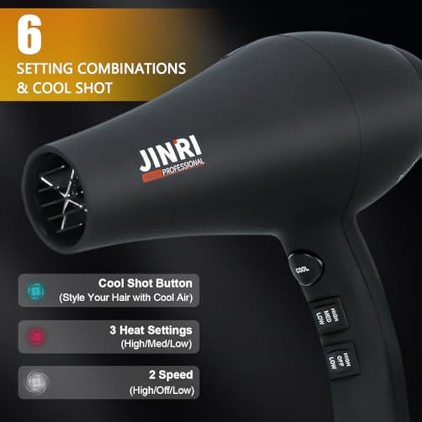 JINRI Hair Dryer, 2400W Professional Salon Hairdryer Negative Ionic Blowdryer Powerful AC Motor Quick Drying with 2 Speed 3 Heat, with Diffuser & Concentrator & Comb for Salon Hairstyles