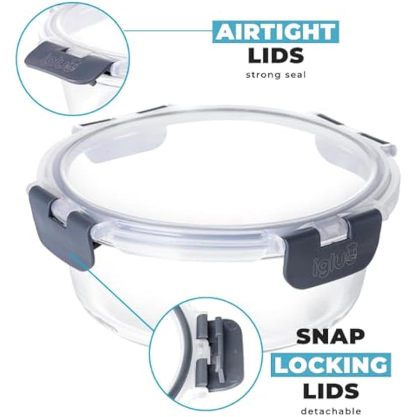 Igluu Meal Prep Glass Containers with Airtight Lids 10 Pack Round 2 Sizes 950ml and 400ml BPA-Free Meal Prep Containers Reusable – Borosilicate Glass, Oven Safe