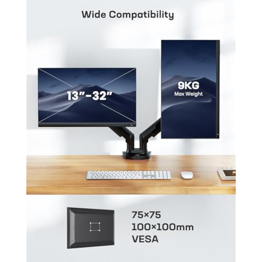 HUANUO Dual Monitor Arm Desk Mount for 13 to 32 Inches, Height Adjustable Screen Stand with Tilt, Swivel, and Rotation, VESA 75 & 100 mm, Supports up to 9 kg