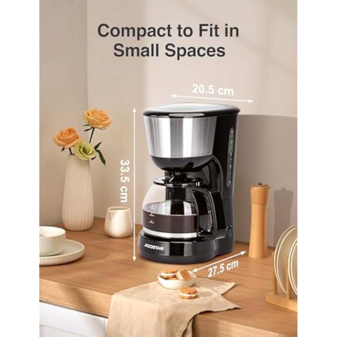 Aigostar Filter Coffee Machine Drip Coffee Maker, 40Mins Keep Warm, Anti-Drip Function, Fast Brewing Coffee Maker with Reusable Filter, Pour Over Technology, 1000W, 1.25L - Chocolate 30KYJ