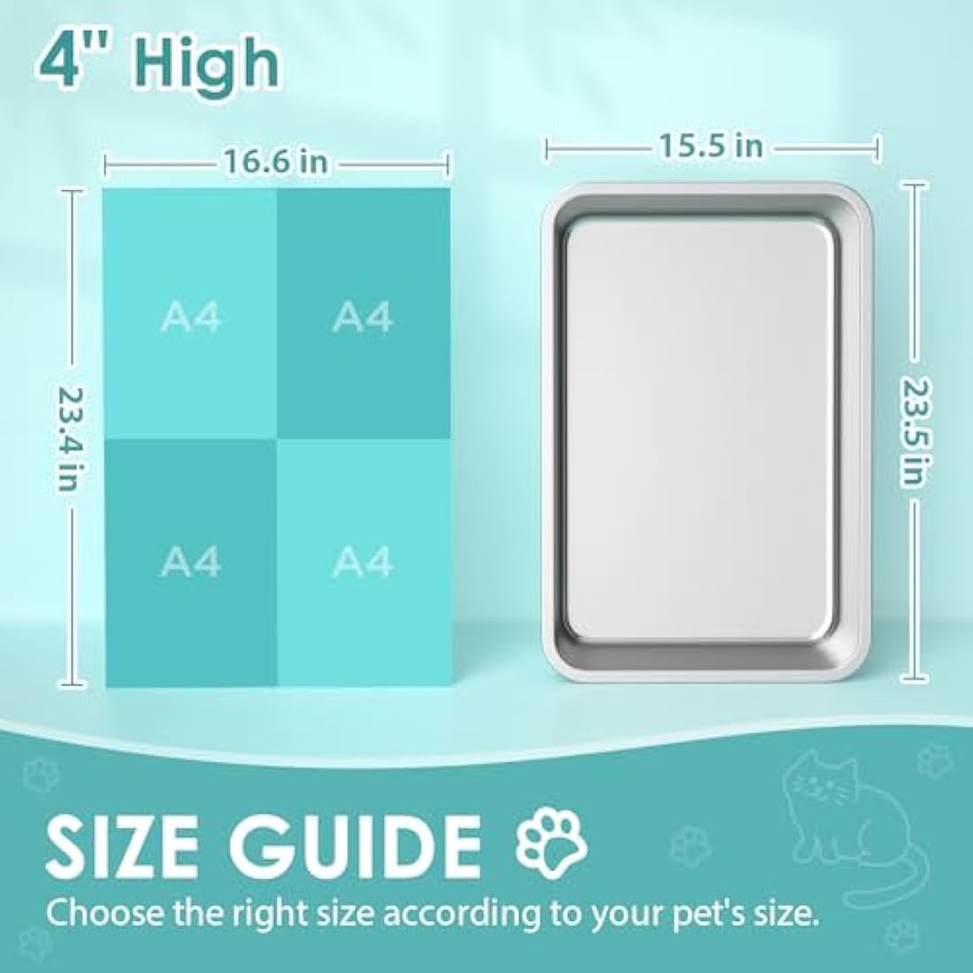 IKITCHEN Stainless Steel Cat Litter Box, Large Metal Litter Pan for Cats Rabbits, Never Absorbs Odors,Stain Free, Rustproof, Non Stick Smooth Surface, Anti-slip Rubber Bottom, 23.5"L x 15.5"W x 4"H