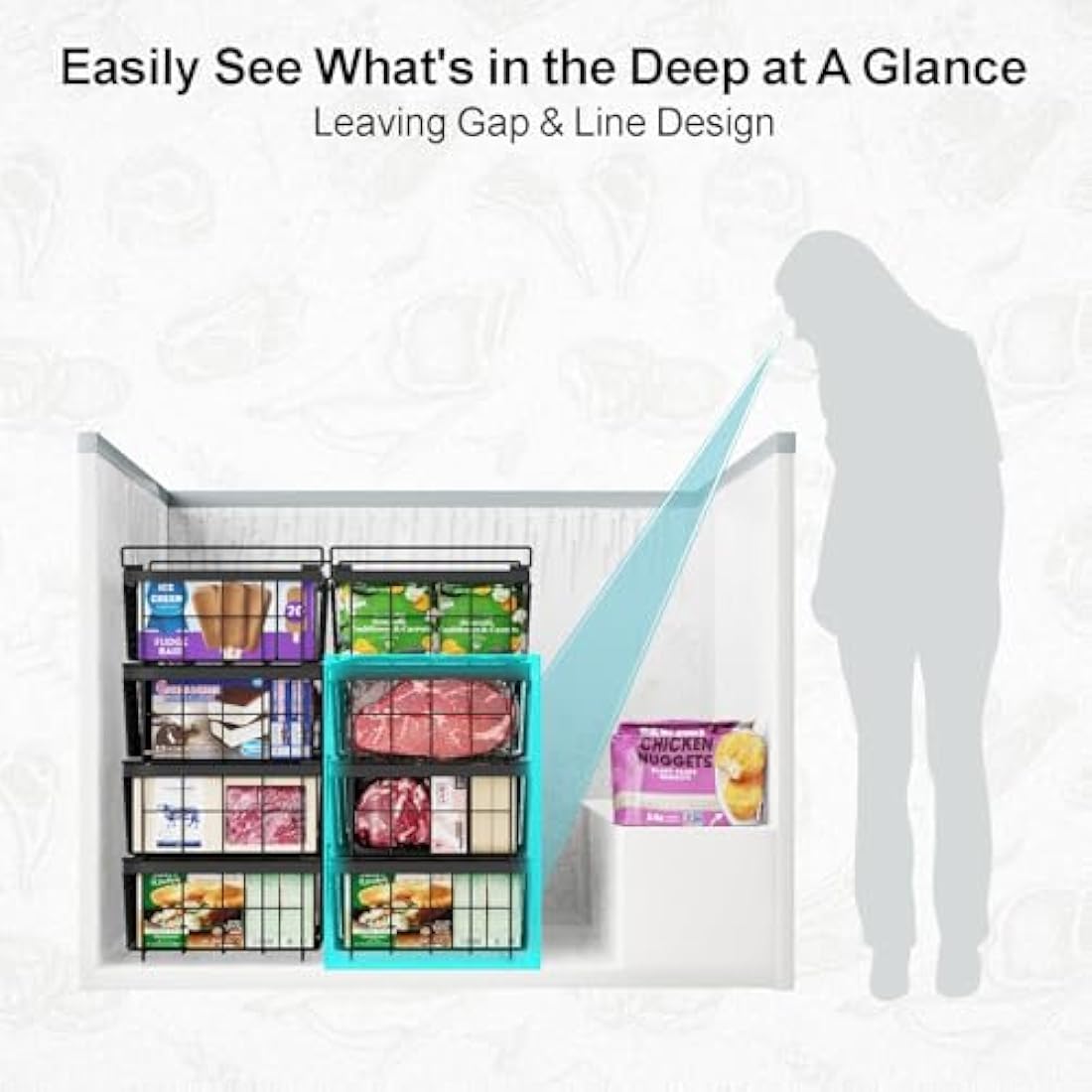 iSPECLE Chest Freezer Baskets - Expandable Fit 283 to 566L Deep Freezer, 4 Pack Large Stackable Wire Basket Add Space Easily Get Frozen Foods with Handles, Allow Air Circulation, Black