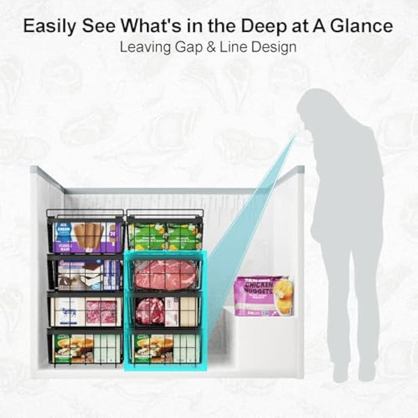 iSPECLE Chest Freezer Baskets - Expandable Fit 283 to 566L Deep Freezer, 4 Pack Large Stackable Wire Basket Add Space Easily Get Frozen Foods with Handles, Allow Air Circulation, Black