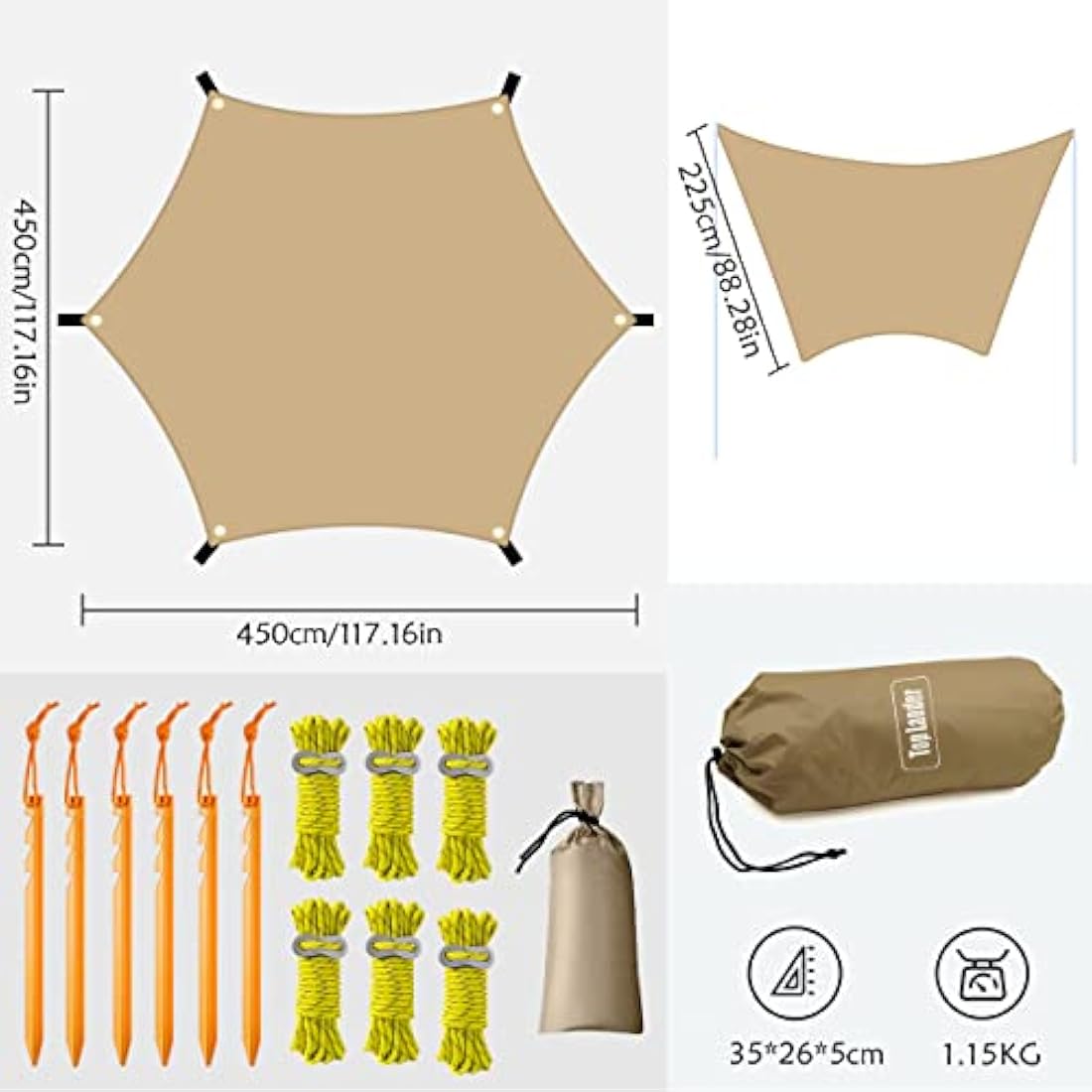 4.5X4.5m Large Camping Tarp Tent Ultralight Waterproof Mutifunctional Awning Hexagon Tarpaulin Shelter for Car Bushcraft Hammock Backpacking Outdoor