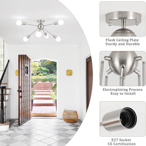 ASHUAQI Sputnik Ceiling Light Chrome Ceiling Lights, 6 Lights Chandeliers Ceiling Light, Mid-Century Modern Chandelier, Industrial Semi Flush Ceiling Lights for Living Room Bedroom Kitchen Hallway