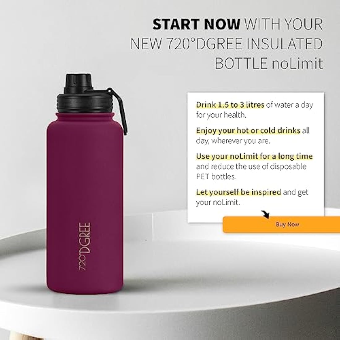 720°DGREE Vaccum Insulated Water Bottle + Infuser “noLimit“ - 950ml - Leakproof, BPA-Free, Thermo Stainless Steel Flask - Carbonated Drinks, Sports, School, Travel, Hiking, Outdoor +Sports-Cap