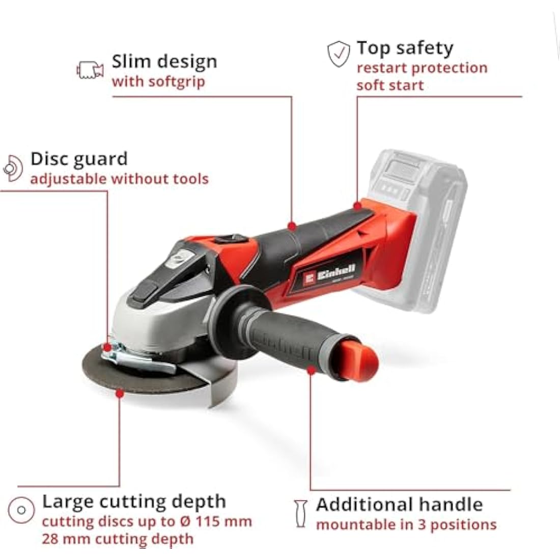 Einhell Power X-Change 115mm (4 Inch) Cordless Angle Grinder - 18V Disc Battery Grinder For Cutting, Grinding And Polishing - TE-AG 18/115 Li Solo Power Tool (Battery Not Included)