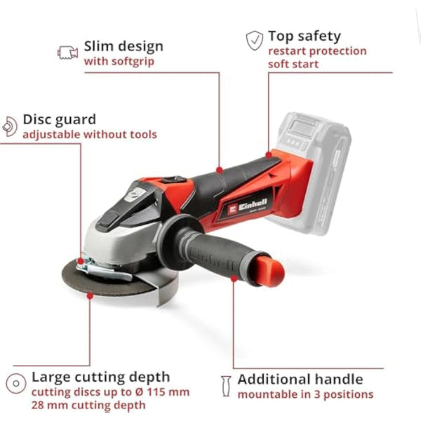 Einhell Power X-Change 115mm (4 Inch) Cordless Angle Grinder - 18V Disc Battery Grinder For Cutting, Grinding And Polishing - TE-AG 18/115 Li Solo Power Tool (Battery Not Included)