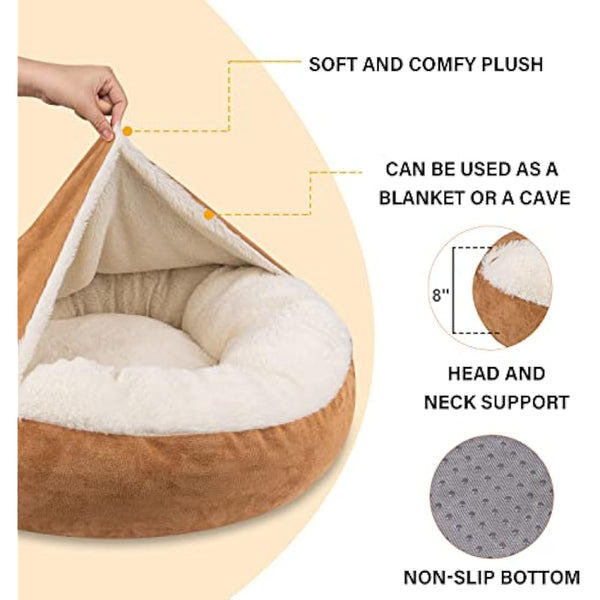 MICOOYO Hooded Dog Bed Mediuml, Cozy Donut Dog Blanket Bed for Doggie, Claming Pet Caved Bed for Cats Puppies (Medium, Wheat)