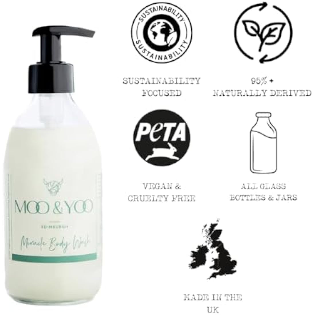 Moo & Yoo Miracle Body Wash - Marula Oil & Icelandic Moss - Natural Body Wash - Moisturising Shower Gel - Vegan & Cruelty Free - 250ml Recyclable Glass Bottle