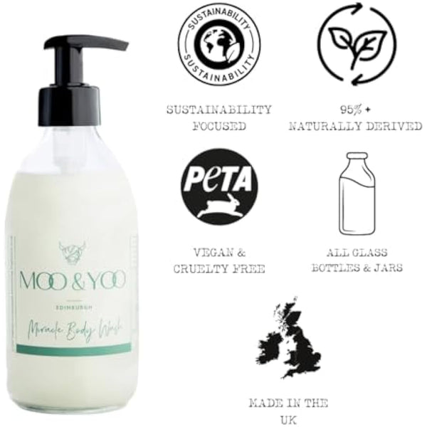 Moo & Yoo Miracle Body Wash - Marula Oil & Icelandic Moss - Natural Body Wash - Moisturising Shower Gel - Vegan & Cruelty Free - 250ml Recyclable Glass Bottle