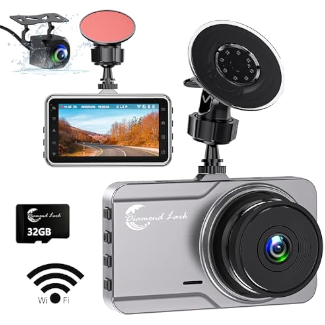 Diamond Lark Dash Cam 2K Front and 1080P Rear Built-in WiFi, Car Camera Dashcam with 32G Card, 3'' LCD Screen, 170°Wide Angle, Night Vision, WDR, 24H Parking Monitor, Loop Recording, G-Sensor