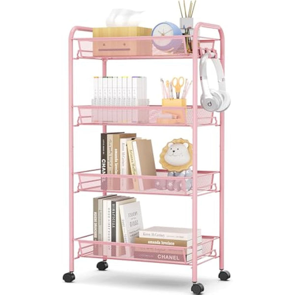 APEXCHASER 4-Tier Rolling Cart,Easy Assemble Mobile Storage Trolley On Wheels,Slide Out Utility Cart Shelving Units Kitchen Bathroom Laundry Room,Pink