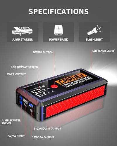 CARHEV 5000A Jump Starter Power Pack, Portable Car Battery Booster Jump Starter for 12V Vehicles(Up to 8.0 L Gas/Diesel), Powerful Car Battery Jump Starter with USB Quick Charge 3.0 and LED Flashlight